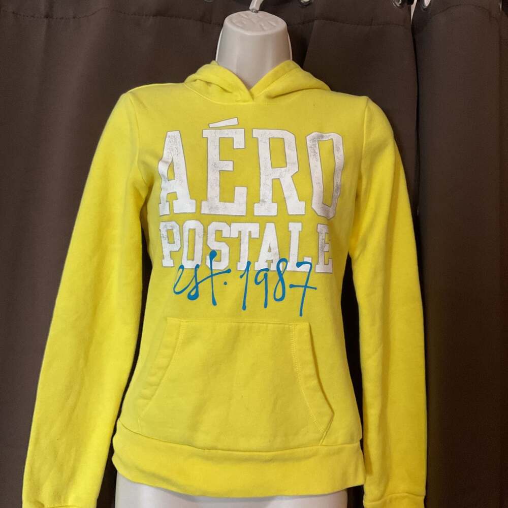 Aeropostale Yellow Graphic Hoodie, Pullover Sweatshirt, Size M